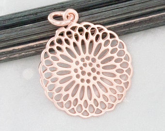 1 of 925 Sterling Silver Rose Gold Vermeil Style Filigree Disc Pendant 19mm. Polish Finished   :pg0167