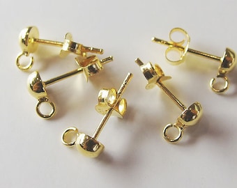 4 Pairs of 925 Sterling Silver Gold  Vermeil Style Post Stud Earrings  4mm Half Ball with Opened Loop  :vm0488