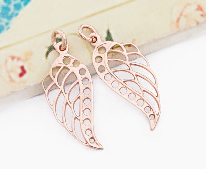 2 of 925 Sterling Silver Rose Gold Vermeil Style Angel Wing Charms 10x22 mm :pg0152