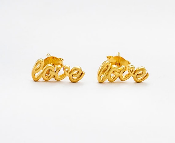 1 Pair of 925 Sterling Silver 24K Gold Vermeil Style Love Stud Earrings 5x12mm. : vm1202