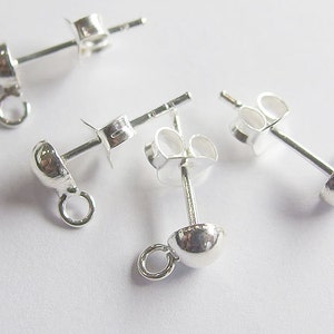 4 pairs of 925 Sterling Silver Post Stud Earrings Findings, 4mm Half Ball with Opened Loop :th1961