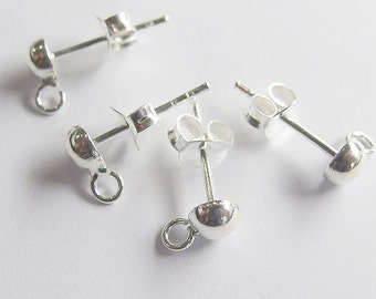 4 pairs of 925 Sterling Silver Post Stud Earrings Findings, 4mm Half Ball with Opened Loop :th1961