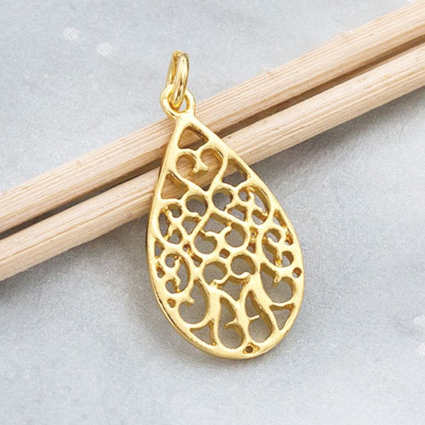 1 of 925 Sterling Silver  Gold Vermeil Style Filigree Drop Pendant 12x20mm. Polish Finished   :vm0711