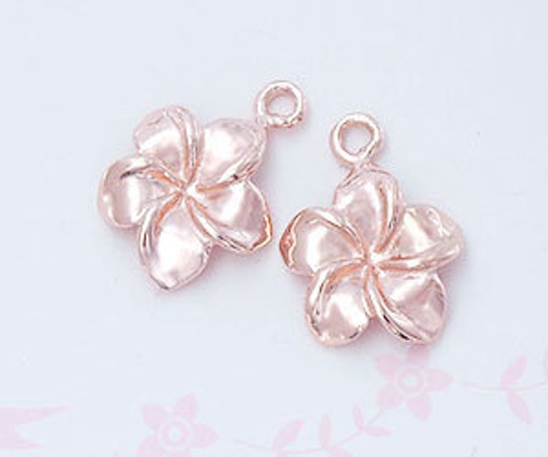 2 of 925 Sterling Silver Rose Gold Vermeil Style Plumeria flower Charms 11 mm. :pg0019 image 3
