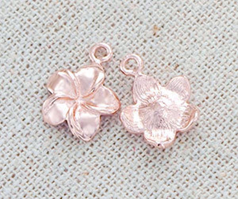 2 of 925 Sterling Silver Rose Gold Vermeil Style Plumeria flower Charms 11 mm. :pg0019 image 4