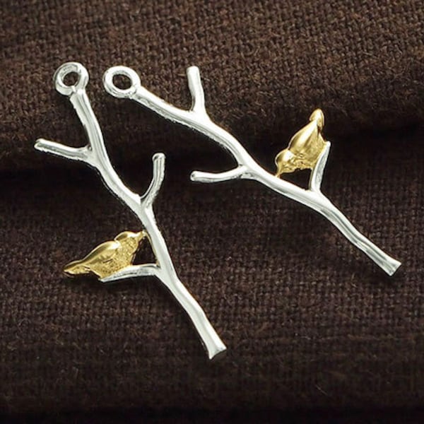 2 pendentifs en argent sterling 925 représentant un oiseau sur une brindille, 12 x 27 mm.,Or bicolore et argent : vm0538