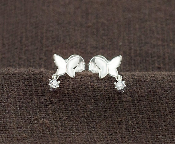 1 Pair of 925 Sterling Silver Cubic Zirconia Butterfly Stud