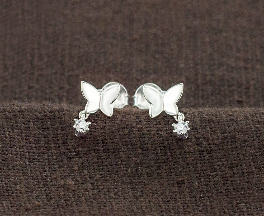 1 Pair of 925 Sterling Silver Cubic Zirconia Butterfly Stud