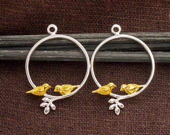 2 of 925 Sterling Silver Bird Charms 20mm. ,Two Tone Gold & Silver   :tt0002