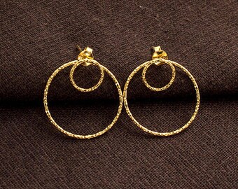 1 Pair of 925 Sterling Silver Gold Vermeil Style Double Circle Ear Jacket Earrings 20 mm. :vm1203