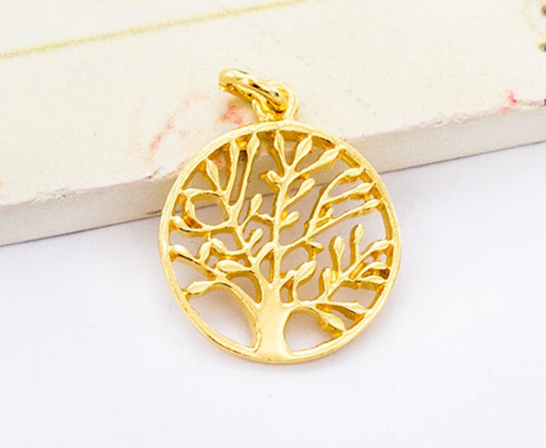 1 of 925 Sterling Silver Gold Vermeil Style Tree of Life Charm 16 mm. :vm0701 image 1