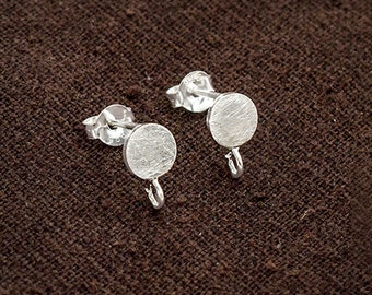 1 pair of 925 Sterling Silver Brushed Circle Disc Stud Earrings Post Findings 6mm. with Opened Loop.  :tk0211