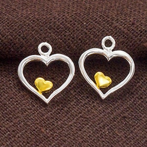 2 of 925 Sterling Silver Heart Charms 11mm. Two Tone Gold & Silver .  :tt0004