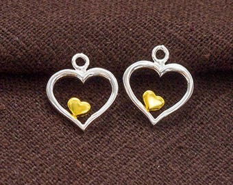 2 of 925 Sterling Silver Heart Charms 11mm. Two Tone Gold & Silver .  :tt0004