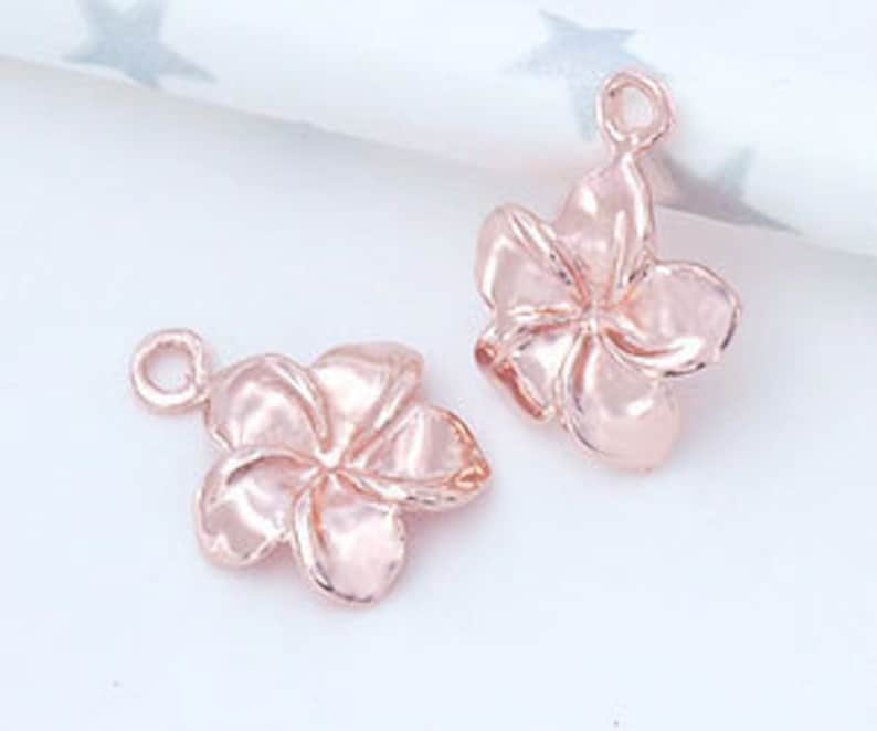 2 of 925 Sterling Silver Rose Gold Vermeil Style Plumeria flower Charms 11 mm. :pg0019 image 2