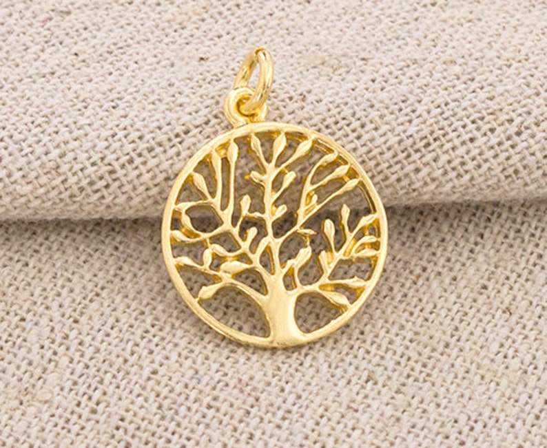 1 of 925 Sterling Silver Gold Vermeil Style Tree of Life Charm 16 mm. :vm0701 image 3