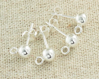 4 pairs of 925 Sterling Silver Post Stud Earrings Findings, 4mm Ball with Opened Loop.  :th2372