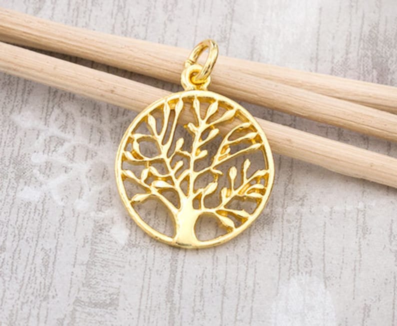 1 of 925 Sterling Silver Gold Vermeil Style Tree of Life Charm 16 mm. :vm0701 image 4