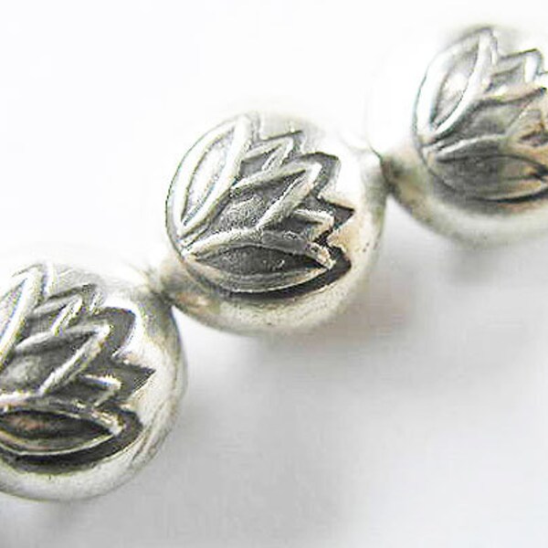 2 of Karen Hill Tribe Silver Lotus Imprint Lentil Beads 10 mm. :ka3435