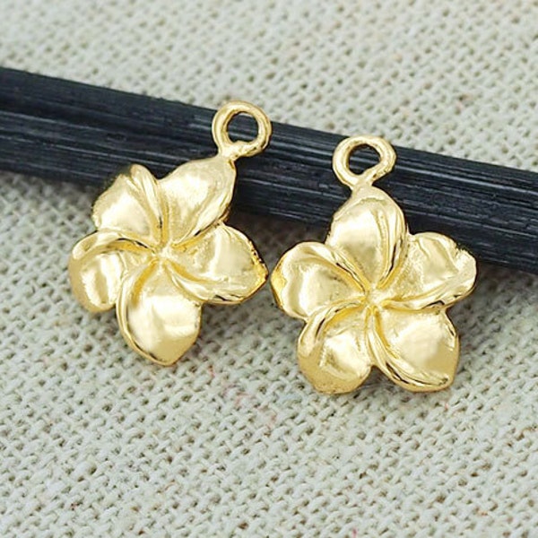 2 of 925 Sterling Silver Gold Vermeil Style Plumeria flower Charms 11 mm. :vm0540