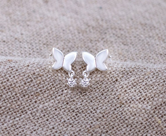 1 Pair of 925 Sterling Silver Cubic Zirconia Butterfly Stud
