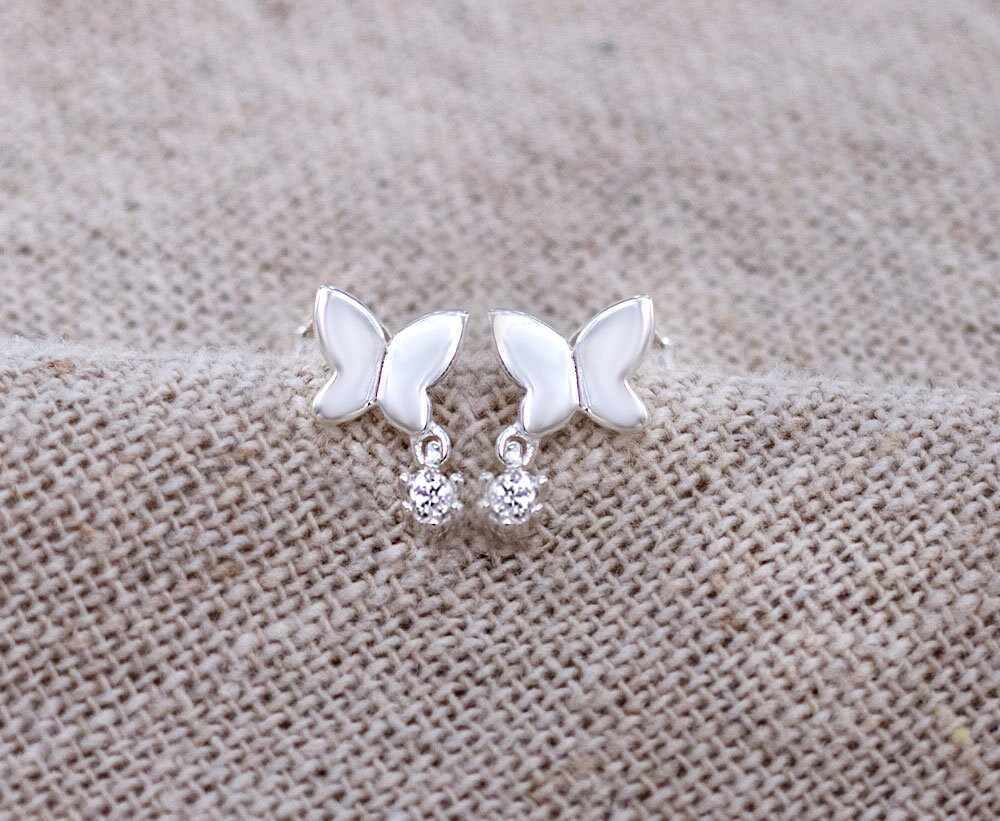 1 Pair of 925 Sterling Silver Cubic Zirconia Butterfly Stud