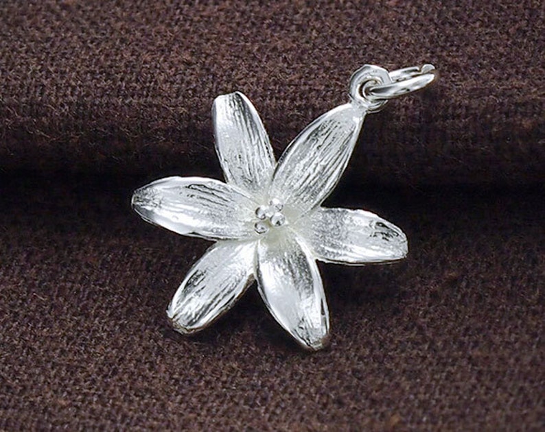 Puede incluir: Un colgante de flor de plata con un dise&ntilde;o detallado y texturizado. El colgante tiene forma de flor de cinco p&eacute;talos con un peque&ntilde;o centro.