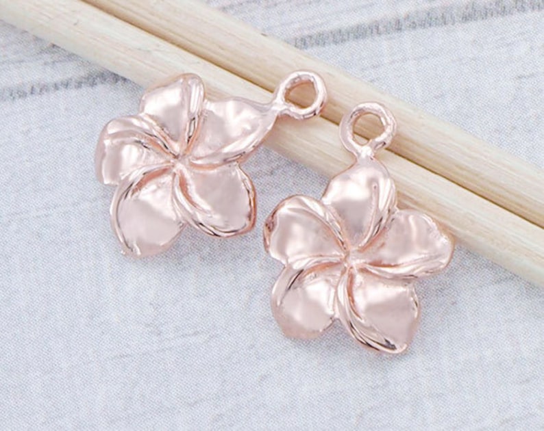 2 of 925 Sterling Silver Rose Gold Vermeil Style Plumeria flower Charms 11 mm. :pg0019 image 1