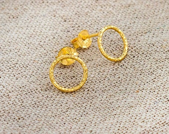 1 Pair of 925 Sterling Silver  Gold Vermeil Style Diamond Cut Circle Hoop Stud Post Earrings 9 mm.  :vm1257