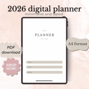 Könnte beinhalten: Ein digitaler Planer auf einem Tablet, mit dem Text "2026 digital planner" und "minimalist and dated". Die Oberfläche des Planers zeigt Felder für Name, E-Mail und Adresse. Das Bild enthält auch die Wörter "PDF download" und "SHOP NOW!"