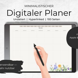 Könnte beinhalten: Digitaler Planer auf einem Tablet-Bildschirm mit dem Monat Mai. Der Bildschirm zeigt ein Kalenderlayout mit einer Hand, die einen schwarzen Stift hält. Der Text "Digitaler Planer" steht oben, mit Text, der angibt, dass er undatiert, verlinkt und 100 Seiten hat.
