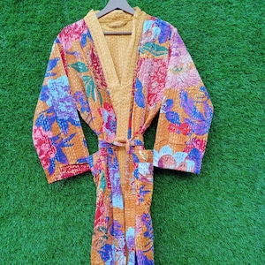 Handmade Quilted Kantha Cotton Robe: Block Print Kimono