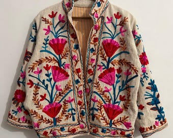Hand-Embroidered Suzani Cotton Jacket, Boho Floral Kantha Quilt Coat Women's Wear