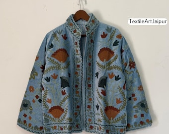 Velvet Suzani Jacket: Embroidered Floral Design, Cotton Lined