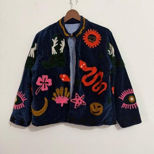Blue Velvet Suzani Jacket: Embroidered Floral Design, Cotton Lined