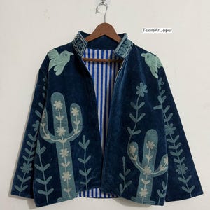 Velvet Suzani Embroidered Short Jacket: Indian Kantha Quilt Coat Gift For Her