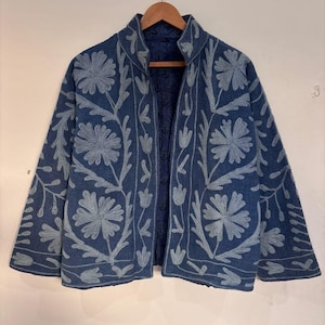 Handmade Blue TNT Suzani Jacket: Bohemian Embroidered Coat