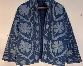 Handmade Blue TNT Suzani Jacket: Bohemian Embroidered Coat