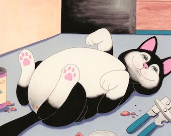 Tuxedo Black White Fat Cat Feasting by Artist Rebecca Lee Baldwin Signed Numbered Print Photo Reproduction 80s Vintage + Blank Cat Gift Card