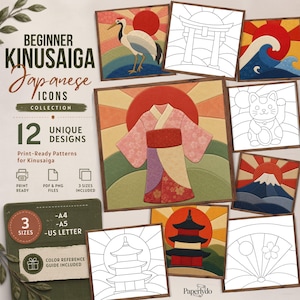 12 Japanese Kinusaiga Patterns Bundle, Beginner Japanese Fabric Art Templates, Japanese Icons, Easy No Sew Craft PDF PNG