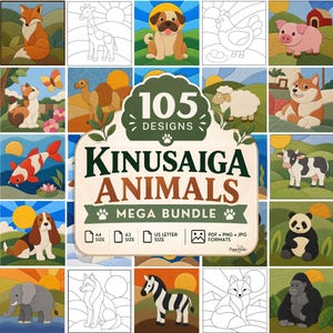 May include: A digital collection of 105 Kinusaiga animal designs featuring various creatures like foxes, dogs, cats, and elephants in both full-colour and line-art styles. The central label displays the text 105 DESIGNS KINUSAIGA ANIMALS MEGA BUNDLE.