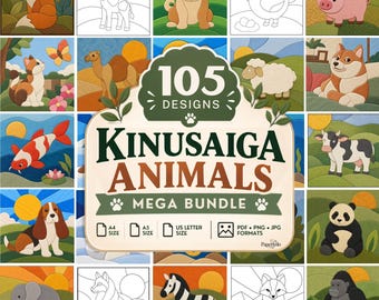 105 Kinusaiga Animal Patterns Mega Bundle, Beginner Fabric Art Templates, Printable No Sew Craft PDF PNG JPG