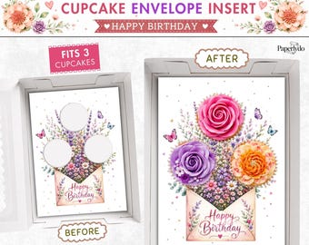 Floral Cupcake Insert Template, Birthday Cupcake Bouquet Holder, Printable Dessert Box Decor