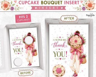 Cupcake Bouquet Insert Template, Printable Floral Thank You Insert, Watercolor Cupcake Holder, 2 Cupcake Gift Display.