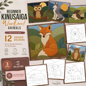May include: A digital collection of 12 Kinusaiga woodland animal patterns featuring colored illustrations of an owl, wolf, hedgehog, fox, bear, and moose, alongside black and white line art templates for a badger, raccoon, and beaver in A4, A5, and US Letter sizes.