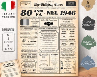 Poster Compleanno 80 Anni - Poster Annata 1946 Stile Giornale Vintage - Italiaanse verjaardagskrantposter - Regalo 80 Anni.