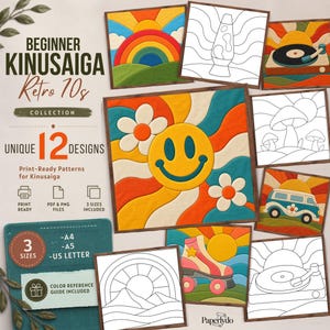 May include: A collection of 12 Kinusaiga patterns featuring retro 70s designs including a smiley face, flowers, a record player, a lava lamp, mushrooms, a van, and roller skates. The set includes print-ready PDF and PNG files in A4, A5, and US Letter sizes.