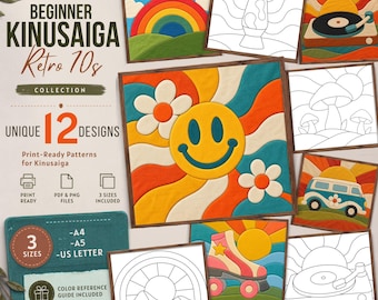 12 Retro 70s Kinusaiga Patterns, Groovy Fabric Art Templates, Hippie No Sew Craft, Beginner Printable PDF PNG JPG