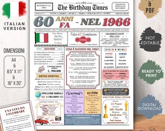 Poster Compleanno 60 Anni – poster Annata 1966 Stile Giornale – poster Italiaanse verjaardagskrant – Regalo Elegante.