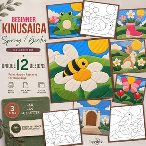 Op de afbeelding: Een digitale collectie van 12 Kinusaiga-patronen met lente- en tuinthema's. De set bevat kleurrijke afgewerkte ontwerpen en zwart-wit lijntekeningen van een kikker, slak, bij, konijn, vlinder en vogel in A4, A5 en US Letter-formaten.